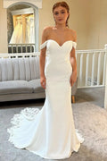 Off-shoulder satin mermaid elegant beach prom lace sweep train bridal gown side view