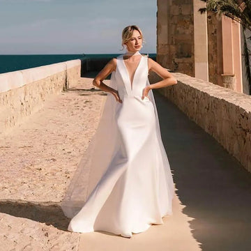 Modern Wedding Dresses With Cape Customized V-neck Sexy Satin Mermaid Brides Dresses Simple Women Mermaid Bridal Dress