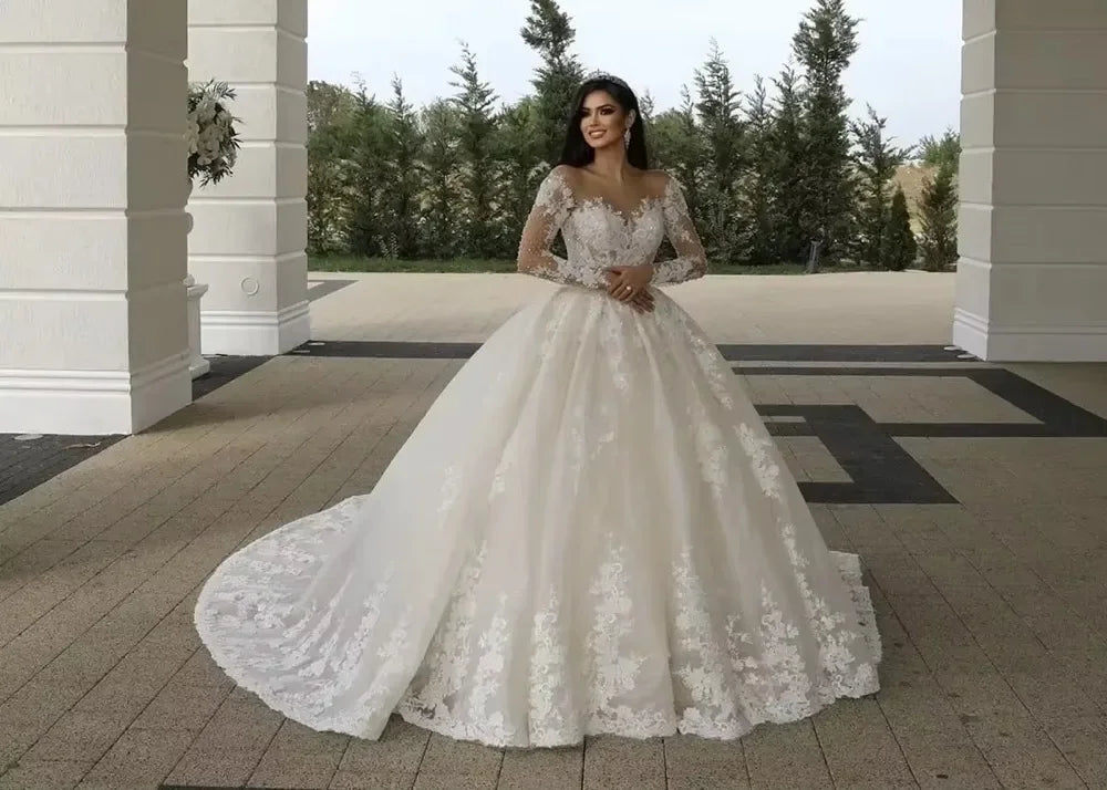 Customized Illusion Neck Church Wedding Dress Long Sleeve Robe Lace Beading Bride Dress Ball Gown Women Vestidos de novia