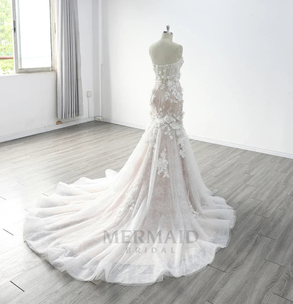 Sweetheart Court Train  3d Lace Mermaid Wedding Dress