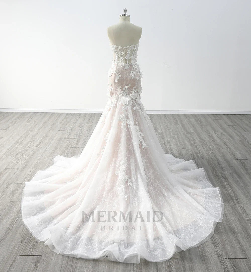 Sweetheart Court Train  3d Lace Mermaid Wedding Dress