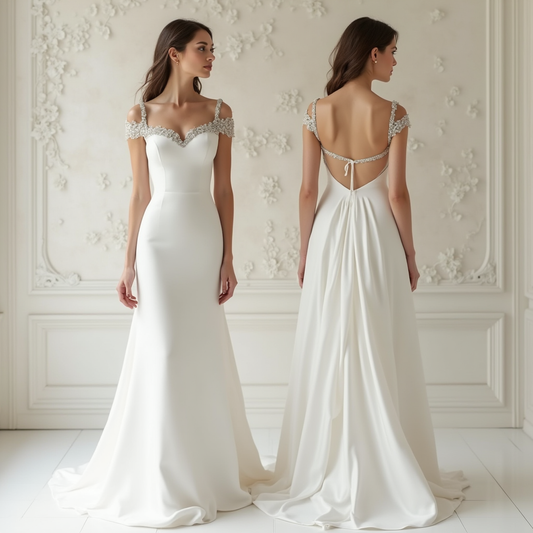 Elegant off-shoulder wedding dress with beaded detailing, open-back design, and flowing train