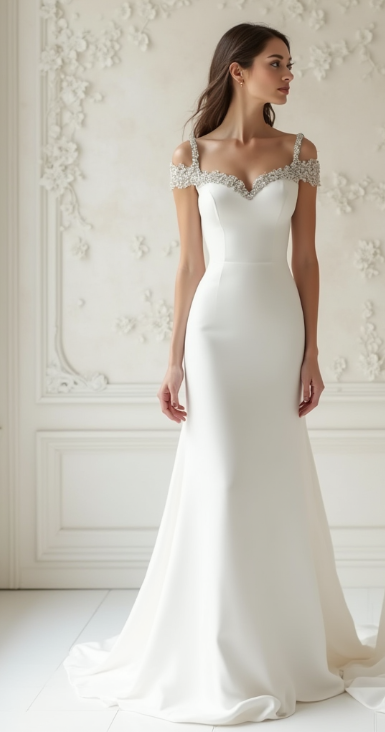 Elegant off-shoulder wedding dress with beaded detailing, open-back design, and flowing train
