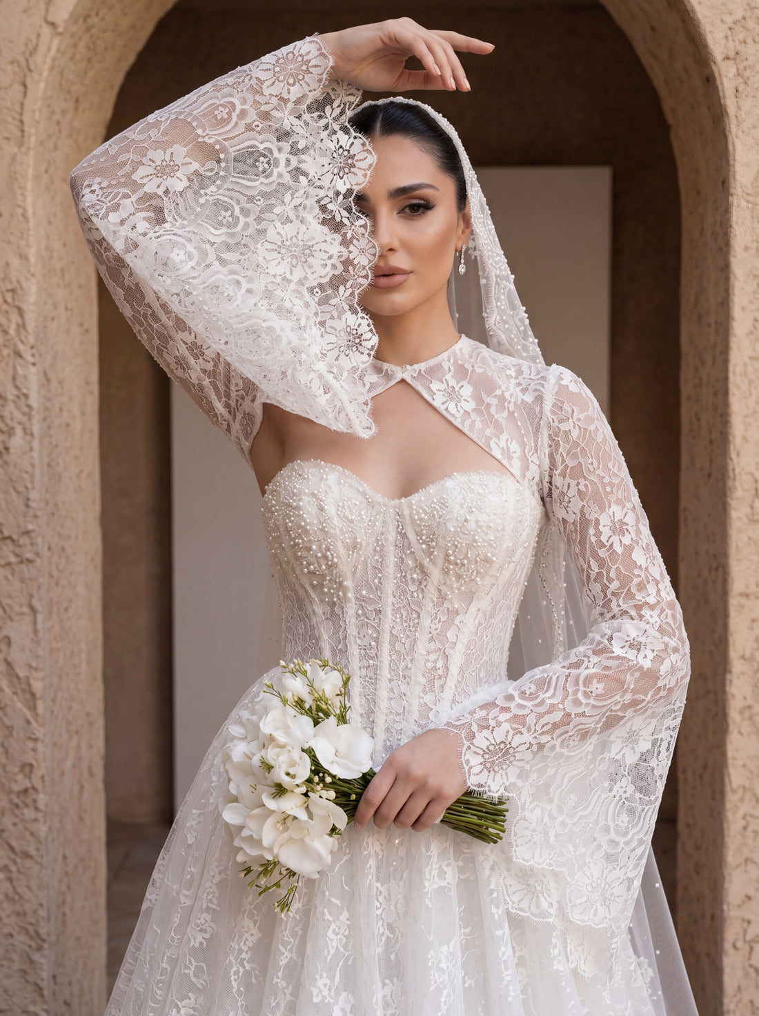 Bohemian Lace Wedding Dress with Flare Sleeves – Elegant Princess Bridal Gown, Romantic Lace Wedding Dress for Bride