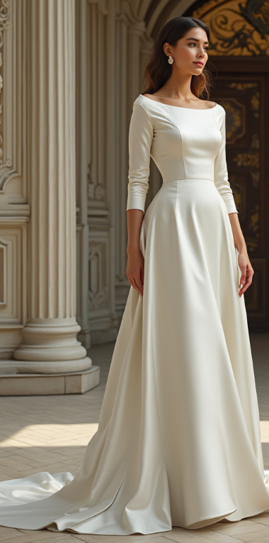 Elegant long-sleeve satin A-line wedding dress featuring a boat neckline, structured bodice, and a flowing train – a timeless bridal choice. | فستان زفاف ساتان أنيق بأكمام طويلة وياقة قارب مع تنورة واسعة لمظهر كلاسيكي ساحر | Vestido de novia de satén con escote barco, mangas largas y falda en corte A – ideal para bodas sofisticadas. | Robe de mariée en satin avec manches longues, encolure bateau et jupe fluide – parfaite pour une allure royale et raffinée.