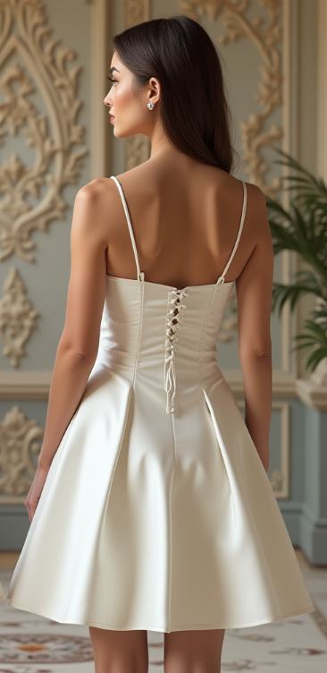 A chic satin wedding gown with a lace-up back, fitted bodice, and flowy A-line skirt – a perfect dress for elopements and receptions.
فستان زفاف ساتان أنيق مع رباط خلفي، وكورسيه أنيق، وتنورة قصيرة انسيابية – خيار مثالي للزفاف البسيط أو الحفلات الأنيقة.
Vestido de novia de satén con espalda ajustable, corpiño ajustado y falda fluida en corte A – perfecto para bodas íntimas y recepciones.