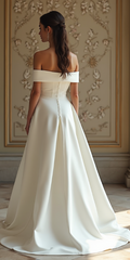 A sophisticated off-the-shoulder wedding gown featuring a buttoned-back closure, an elegant A-line silhouette, and a sweeping chapel-length train for a royal look.
فستان زفاف أنيق بأزرار خلفية، تصميم A-Line فاخر، وذيل طويل يمنح العروس إطلالة ملكية رائعة.
Vestido de novia sofisticado con cierre de botones en la espalda, silueta A-line elegante y una cola larga de capilla para un look de realeza.