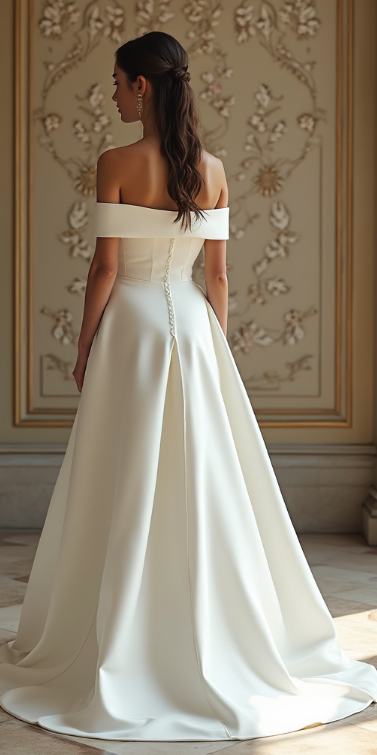 A sophisticated off-the-shoulder wedding gown featuring a buttoned-back closure, an elegant A-line silhouette, and a sweeping chapel-length train for a royal look.
فستان زفاف أنيق بأزرار خلفية، تصميم A-Line فاخر، وذيل طويل يمنح العروس إطلالة ملكية رائعة.
Vestido de novia sofisticado con cierre de botones en la espalda, silueta A-line elegante y una cola larga de capilla para un look de realeza.