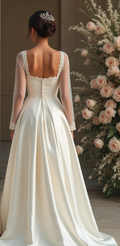 An elegant A-line satin wedding dress with a scalloped lace open back, sheer long sleeves, and flowing skirt – a sophisticated and timeless choice.
فستان زفاف بقصة A-Line من الساتان، مع ظهر مفتوح بحواف دانتيل، وأكمام طويلة شفافة، وتنورة انسيابية – لمسة فخامة خالدة.
Vestido de novia en línea A de satén con espalda abierta festoneada, mangas largas de encaje y falda fluida – un look nupcial elegante y eterno.