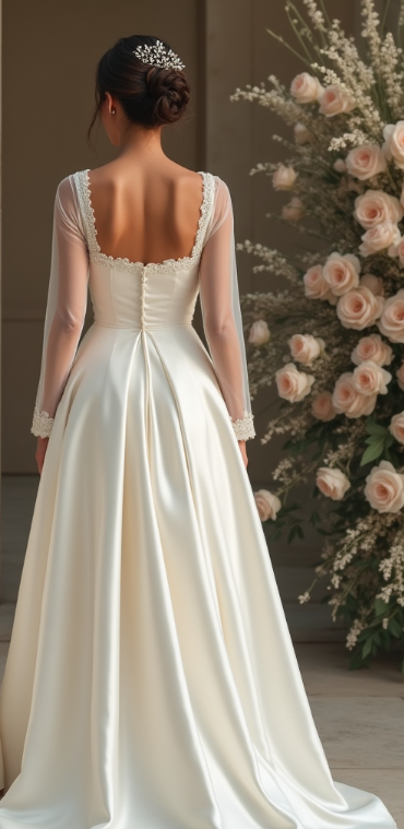 An elegant A-line satin wedding dress with a scalloped lace open back, sheer long sleeves, and flowing skirt – a sophisticated and timeless choice.
فستان زفاف بقصة A-Line من الساتان، مع ظهر مفتوح بحواف دانتيل، وأكمام طويلة شفافة، وتنورة انسيابية – لمسة فخامة خالدة.
Vestido de novia en línea A de satén con espalda abierta festoneada, mangas largas de encaje y falda fluida – un look nupcial elegante y eterno.