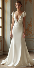 A sleek satin wedding dress with a deep V-neckline, delicate flutter sleeves, and a mermaid silhouette – perfect for an elegant, modern bride.
فستان زفاف ساتان ناعم بياقة V عميقة، وأكمام كاب ناعمة، وقصة حورية راقية – مثالي للعروس العصرية الأنيقة.
Vestido de novia de satén con escote en V profundo, mangas delicadas y silueta sirena – ideal para una novia moderna y sofisticada.