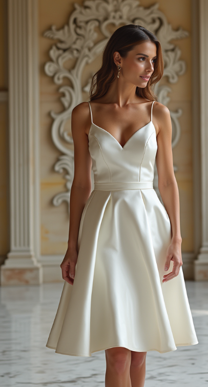 A knee-length satin wedding dress with an A-line silhouette, delicate spaghetti straps, and a sweetheart neckline – a modern and chic bridal choice.
فستان زفاف قصير من الساتان بقصة A-Line، مع أحزمة رفيعة وياقة قلب – خيار عصري وأنيق للعروس.
Vestido de novia corto de satén con silueta en línea A, tirantes finos y escote corazón – una opción moderna y sofisticada.