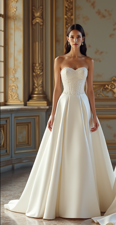 🔹 Strapless satin ball gown wedding dress
🔹 Luxury wedding dress with lace-embellished bodice
🔹 Elegant royal-inspired bridal gown
🔹 Sweetheart neckline wedding dress with full skirt
🔹 Designer satin wedding gown for grand venues
🔹 Regal and timeless wedding dress
🔹 Ballroom wedding dress with flowing train