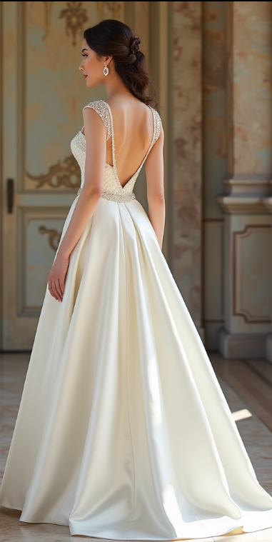 An elegant satin wedding gown with an open-back beaded design, cap sleeves, and a voluminous A-line skirt – ideal for a royal wedding.
فستان زفاف فاخر من الساتان بتصميم ظهر مفتوح مطرز، وأكمام شفافة، مع تنورة واسعة بقصة A – مثالي لحفلات الزفاف الملكية.
Vestido de novia de satén con espalda abierta bordada, mangas cortas transparentes y falda voluminosa en corte A – perfecto para bodas reales.