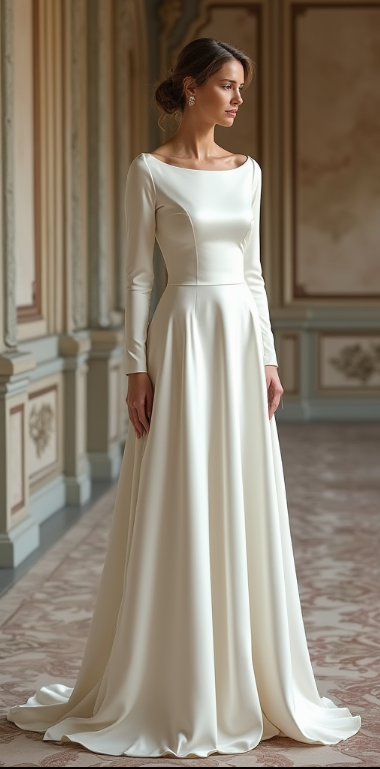ivory satin wedding dress with long sleeves, a bateau neckline, and a flowing A-line skirt – a timeless choice for brides seeking classic sophistication. | فستان زفاف فاخر من الساتان بأكمام طويلة وياقة راقية وتصميم انسيابي جذاب | Vestido de novia de satén con mangas largas y escote barco – ideal para bodas elegantes y tradicionales. | Robe de mariée en satin avec manches longues et encolure bateau – parfaite pour un mariage raffiné et intemporel.