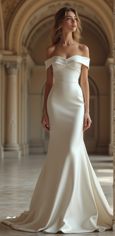 A breathtaking off-the-shoulder satin mermaid wedding dress with a structured bodice, fitted silhouette, and luxurious train – perfect for a modern yet timeless bridal look.
فستان زفاف مذهل من الساتان بقصة حورية البحر، بأكتاف مكشوفة، وكورسيه منحوت، وتنورة طويلة فاخرة – مثالي لإطلالة عروس عصرية وكلاسيكية في نفس الوقت.
Vestido de novia sirena de satén con hombros descubiertos, corpiño estructurado y falda larga de lujo – ideal para una novia moderna y atemporal.