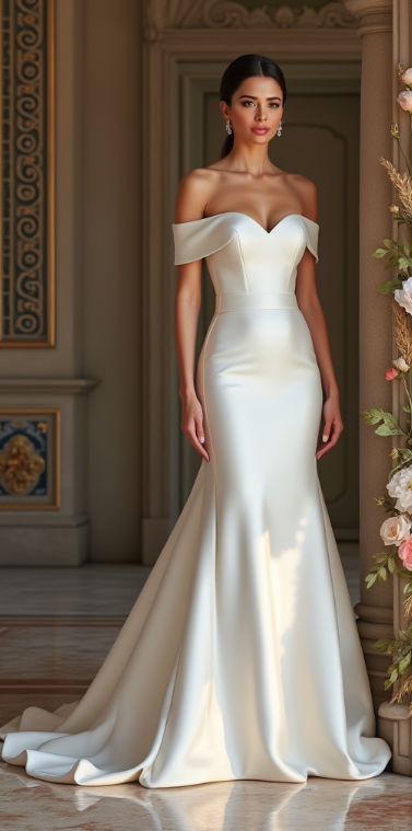 A stunning off-the-shoulder mermaid wedding dress featuring a sculpted bodice, smooth satin fabric, and a dramatic floor-length train – perfect for glamorous brides.
فستان زفاف بقصة حورية البحر وأكتاف مكشوفة مع كورسيه منحوت، قماش ساتان ناعم، وذيل طويل درامي – مثالي للعروس الأنيقة.
Vestido de novia sirena con hombros descubiertos, corpiño estructurado y falda de satén con cola larga – ideal para novias glamurosas.