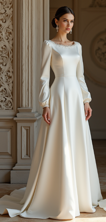  Elegant long-sleeve satin wedding dress with a scoop neckline, embroidered detailing, and an A-line silhouette – a refined and regal choice for brides. | فستان زفاف ملكي من الساتان بأكمام طويلة وياقة دائرية مزينة بتفاصيل أنيقة وقصة A-Line ساحرة | Vestido de novia de satén con mangas largas, escote redondo bordado y falda en corte A – ideal para bodas clásicas y sofisticadas. | Robe de mariée en satin avec manches longues bouffantes, encolure arrondie brodée et coupe A – parfaite pour une allure royale et i