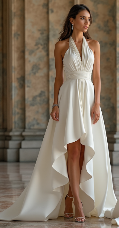 A stunning high-low satin wedding dress featuring a halter neckline, ruched bodice, and an asymmetrical flowing train – perfect for contemporary brides.
فستان زفاف ساتان أنيق بتصميم عالي-منخفض، وياقة مربوطة، وكورسيه مكشكش، وتنورة غير متماثلة بذيل فاخر – مثالي للعروس العصرية.
Vestido de novia de satén con corte alto-bajo, escote halter, corpiño fruncido y cola asimétrica fluida – ideal para novias contemporáneas.