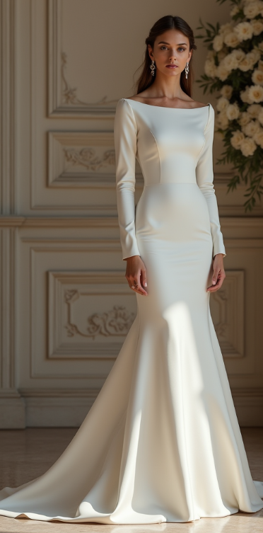 Exquisite long-sleeve satin wedding dress with a bateau neckline, mermaid silhouette, and a smooth, fitted bodice – an elegant and timeless choice for sophisticated brides. | فستان زفاف فاخر من الساتان بأكمام طويلة وياقة راقية مع تصميم ذيل السمكة لمظهر ملكي رائع | Vestido de novia de satén con mangas largas, escote barco y corte sirena – ideal para bodas clásicas y elegantes. | Robe de mariée en satin avec manches longues, encolure bateau et coupe sirène – parfaite pour un mariage sophistiqué et intemporel.