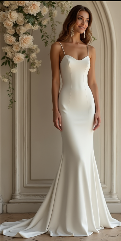 Modern satin sheath wedding dress with a sweetheart neckline, delicate spaghetti straps, and a sleek fitted silhouette – an elegant choice for minimalist brides. | فستان زفاف ساتان عصري بقصة ضيقة وياقة على شكل قلب وحمالات رفيعة لمظهر أنثوي راقٍ | Vestido de novia de satén con escote corazón y tirantes finos – ideal para bodas modernas. | Robe de mariée en satin avec décolleté en cœur, bretelles fines et coupe ajustée – parfaite pour une allure minimaliste et élégante.