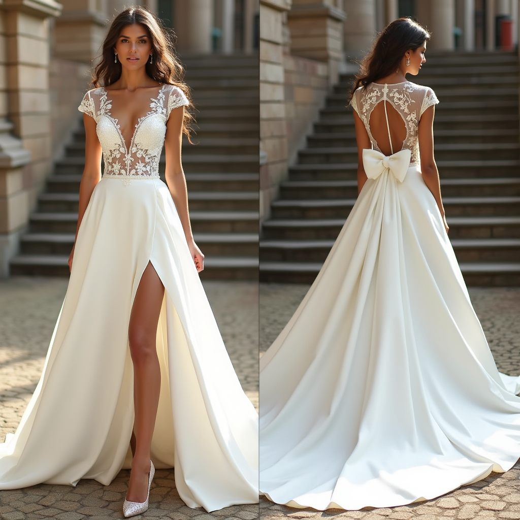 Ethereal Elegance – Lace & Satin A-Line Wedding Dress with Bow Detail