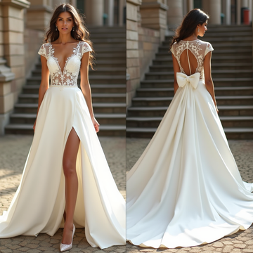 Ethereal Elegance – Lace & Satin A-Line Wedding Dress with Bow Detail