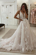A-line lace tank sleeve V-neck long draped women wedding dress bridal gown