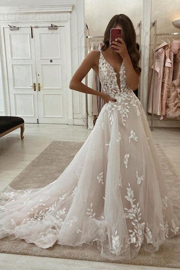 A-line lace tank sleeve V-neck long draped women wedding dress bridal gown