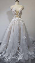 V-neck tank sleeve lace A-line long draped women wedding dress bridal gown ivory