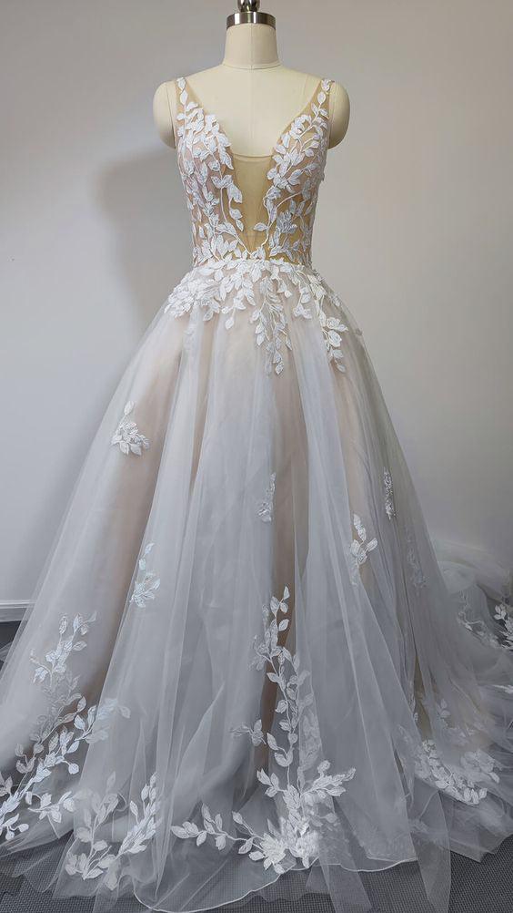 V-neck tank sleeve lace A-line long draped women wedding dress bridal gown ivory