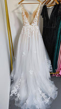 Lace A-line V-neck tank sleeve long draped women wedding dress bridal gown side view