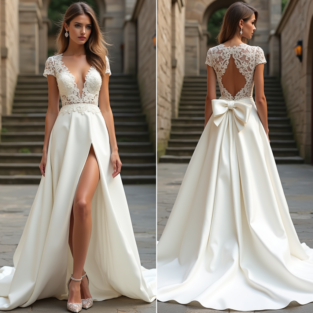 Dreamy lace and satin wedding dress with an elegant A-line silhouette, high slit, and romantic bow detail for a stunning bridal look