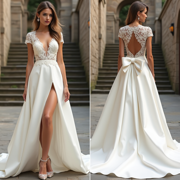 Dreamy lace and satin wedding dress with an elegant A-line silhouette, high slit, and romantic bow detail for a stunning bridal look