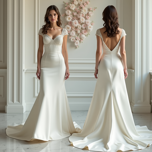 Elegant satin mermaid wedding dress with beaded cap sleeves, sweetheart neckline, and deep V-back with button detail