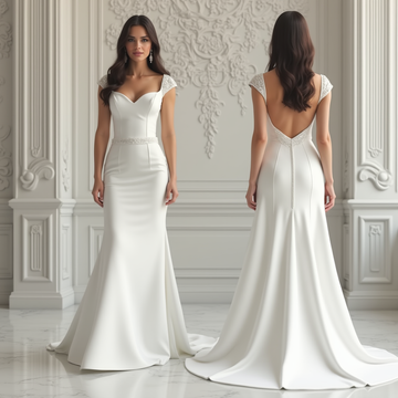 Elegant mermaid satin wedding dress with sweetheart neckline, lace cap sleeves, and deep V-back