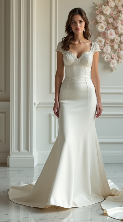 Classic satin wedding gown with beaded cap sleeves, sweetheart neckline, and deep V-back with button detail