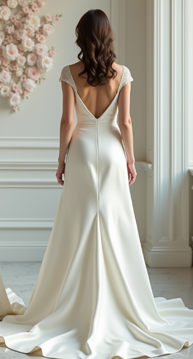 Classic satin wedding gown with beaded cap sleeves, sweetheart neckline, and deep V-back with button detail