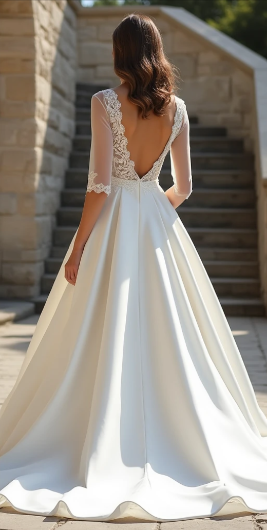 Stunning open-back wedding gown with lace-detailed sheer sleeves, a flowing satin skirt, and delicate lace embroidery – a breathtaking bridal silhouette. | فستان زفاف راقٍ بظهر مكشوف وأكمام شفافة مزينة بالدانتيل | Vestido de novia con espalda descubierta, mangas de encaje y falda fluida | Robe de mariée à dos nu avec dentelle, manches transparentes et silhouette fluide