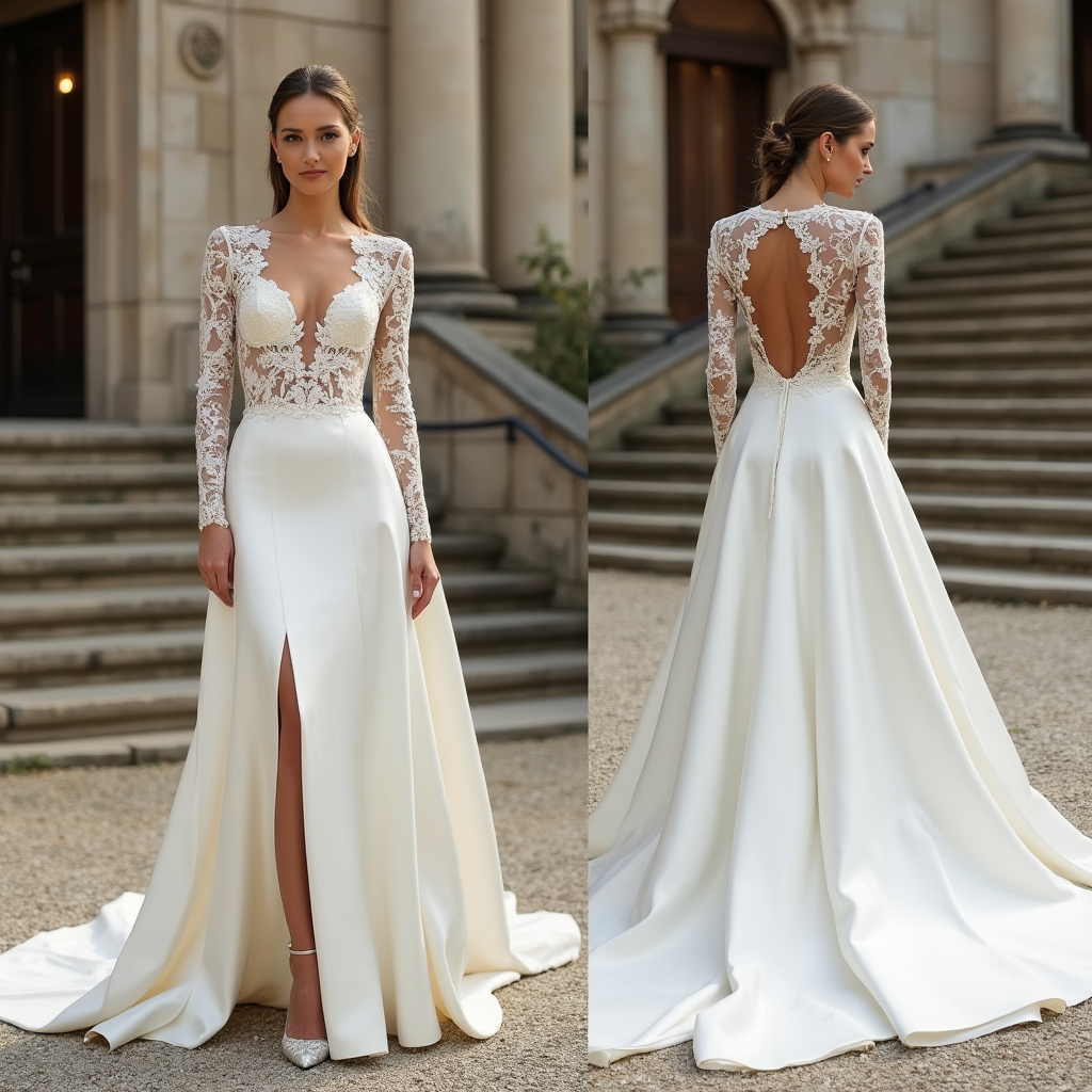Dreamy lace and satin A-line bridal gown featuring a flowing silhouette, high slit, and intricate lace embroidery. | فستان زفاف ملكي من الساتان والدانتيل بتصميم عصري | Vestido de novia romántico con falda de satén y encaje floral | Robe de mariée élégante en satin et dentelle avec une coupe fluide.