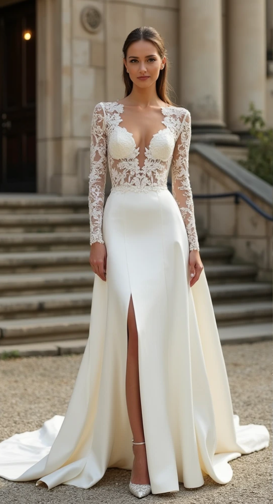 A-line wedding dress with lace bodice, illusion plunge neckline, satin skirt, and high slit – designed for a modern, romantic bride. | فستان زفاف أنيق بتصميم A-Line مع كورسيه دانتيل وتنورة ساتان مفتوحة | Vestido de novia de línea A con encaje y abertura elegante | Robe de mariée fluide en satin avec dentelle et fente.
