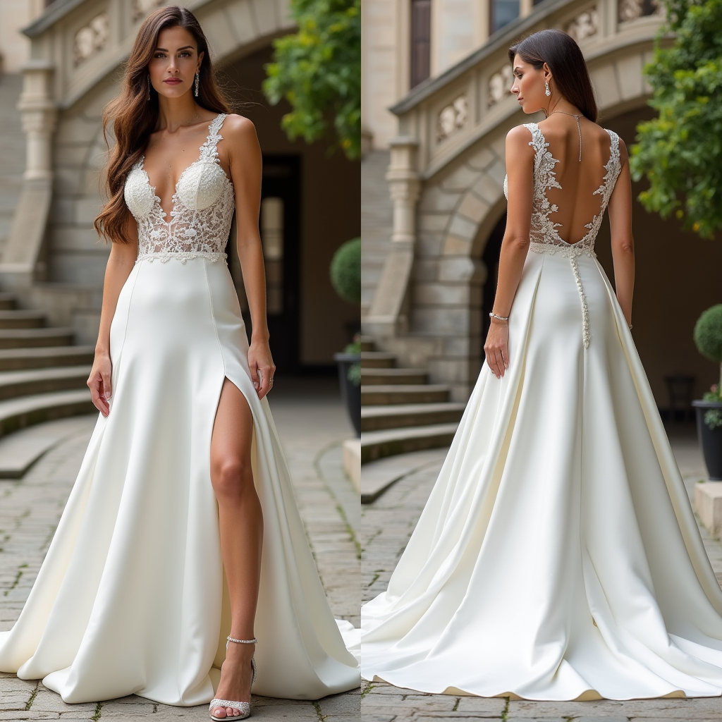 Dreamy lace and satin A-line bridal gown featuring a flowing silhouette, high slit, and intricate lace embroidery. | فستان زفاف ملكي من الساتان والدانتيل بتصميم عصري | Vestido de novia romántico con falda de satén y encaje floral | Robe de mariée élégante en satin et dentelle avec une coupe fluide.