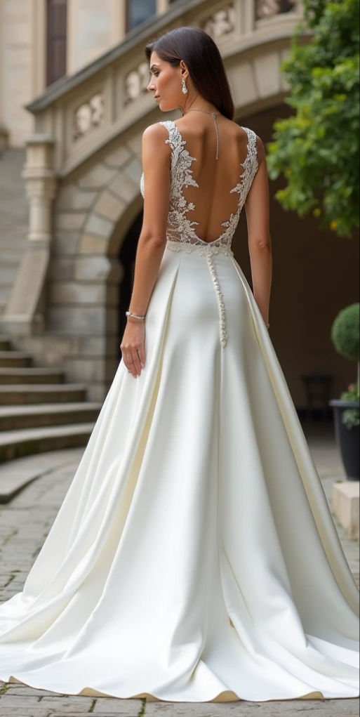: Elegant wedding gown with an open-back lace bodice, satin skirt, and button detailing – a timeless and sophisticated bridal look. | فستان زفاف راقٍ بظهر مكشوف وزرار دانتيل | Vestido de novia con espalda abierta y detalles de encaje | Robe de mariée à dos nu avec boutons et dentelle raffinée.