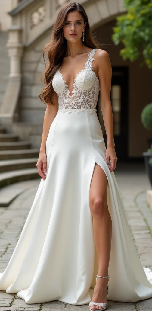 A-line wedding dress with lace bodice, illusion plunge neckline, satin skirt, and high slit – designed for a modern, romantic bride. | فستان زفاف أنيق بتصميم A-Line مع كورسيه دانتيل وتنورة ساتان مفتوحة | Vestido de novia de línea A con encaje y abertura elegante | Robe de mariée fluide en satin avec dentelle et fente.