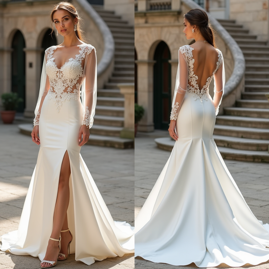 Dreamy lace and satin mermaid bridal gown featuring a flowing silhouette, high slit, and intricate lace embroidery. | فستان زفاف ملكي من الساتان والدانتيل بقصة حورية البحر | Vestido de novia de ensueño con falda sirena en satén y encaje floral | Robe de mariée fluide en satin et dentelle avec une coupe élégant