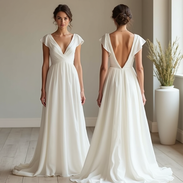 Elegant A-line wedding dress with flutter sleeves, deep V-neckline, and an open back for a timeless bridal look.