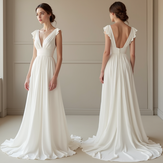 Elegant chiffon A-line wedding dress with deep V-neckline, flutter sleeves, and an open back for a romantic look.