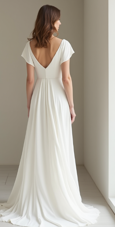 Romantic A-line wedding dress with deep V-neck, flutter sleeves, and an open back for a timeless bridal look.