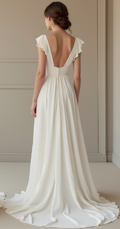 Elegant chiffon A-line wedding dress with deep V-neckline, flutter sleeves, and an open back for a romantic look.