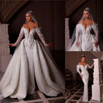 New Luxury Wedding Dress Sparkly Sequin Dubai Off-Shoulder Long Sleeves Pearls Beads Mermaid Detachable Train Bridal Gown